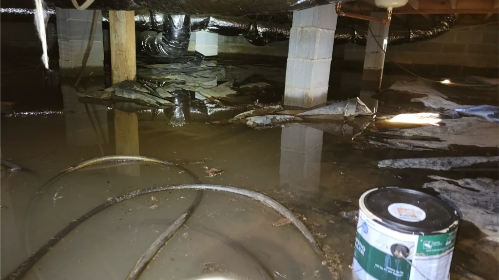 Flooded crawl space with standing water, debris, a paint can, exposed pipes, and insulation hanging from the ceiling.